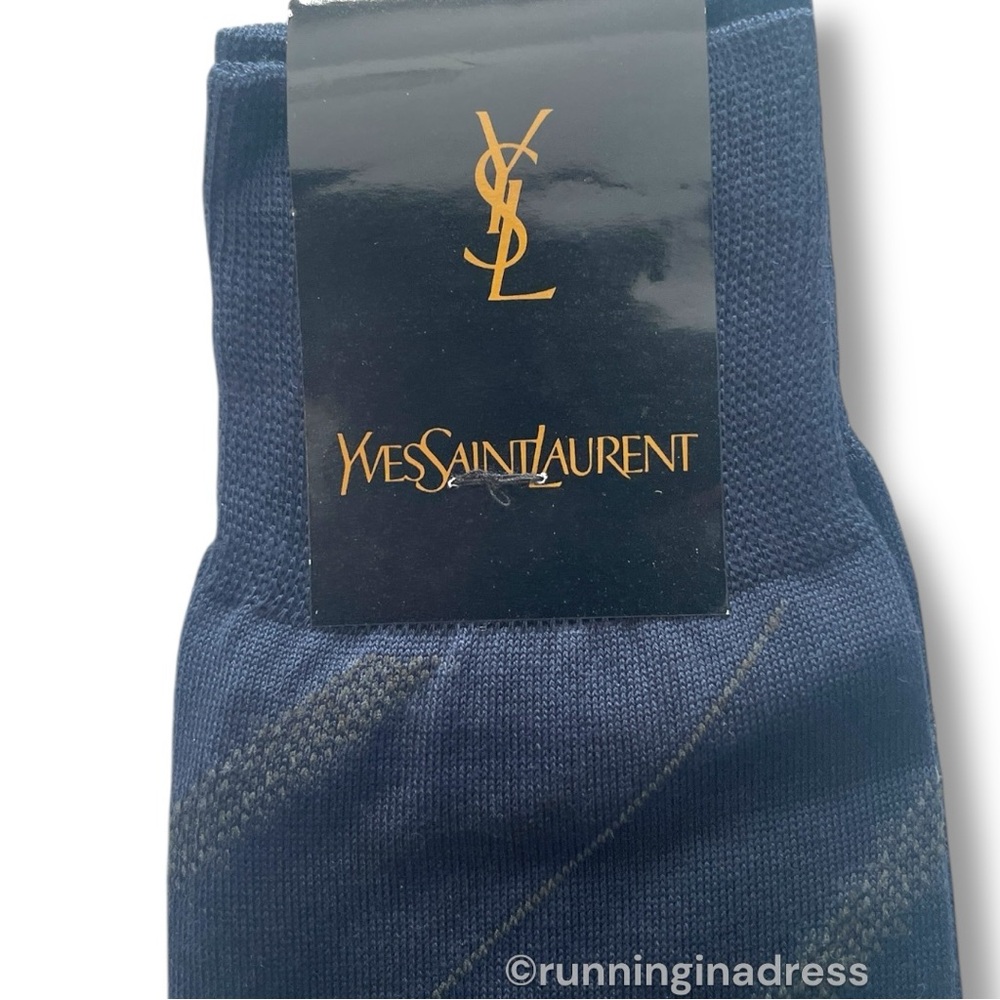 YSL Logo Men's Geometric Pattern YSL
Embroidery Dress Socks In Blue & Brown - Picture 7 of 9